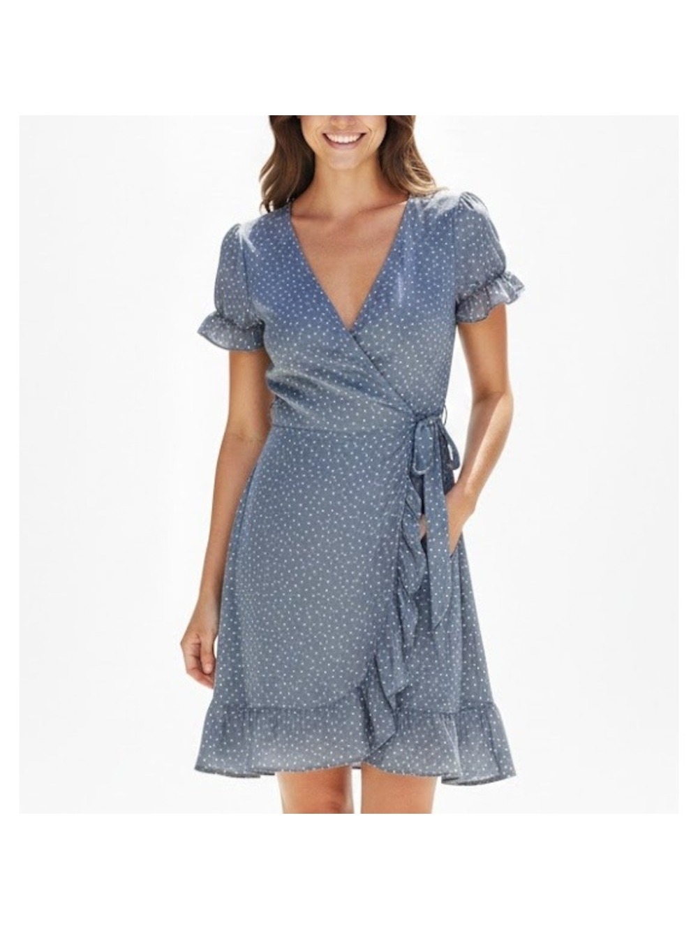 Blue Polka Dot Ruffle Hem Short Sleeve Tie Waist Wrap Cover Up Dress Size S